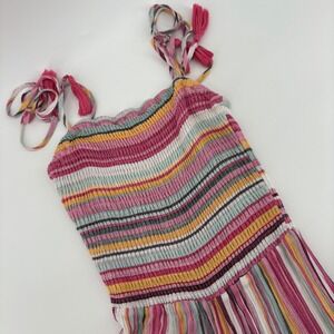 Juniors Striped Jumpsuit‎ Smocked Flare Leg Tie Strap Pink Small Festival